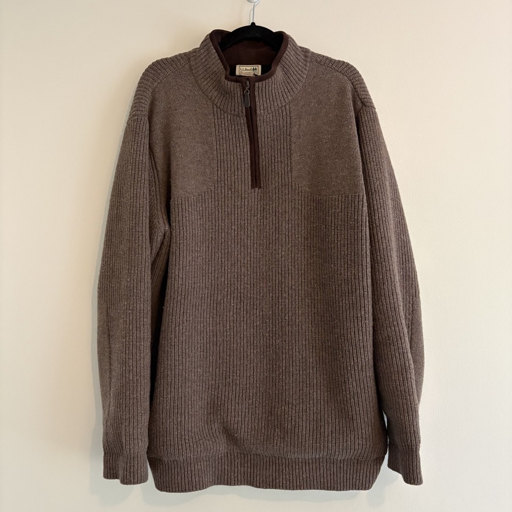 LL Bean 100% Merino Lambs Wool 1/4 Zip Gore Windstopper Brown Rib Knit XL Tall